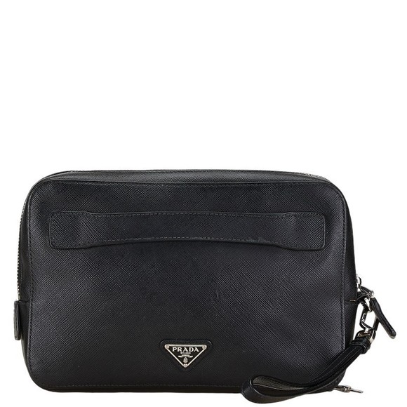 Prada triangle logo plate clutch bag Shoulder black leather - Picture 1 of 11